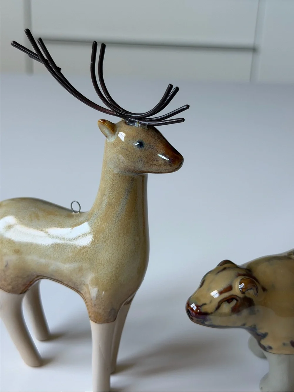 Ceramic Deer and Bear Figurine Set in Glazed Beige Rustic Woodland
