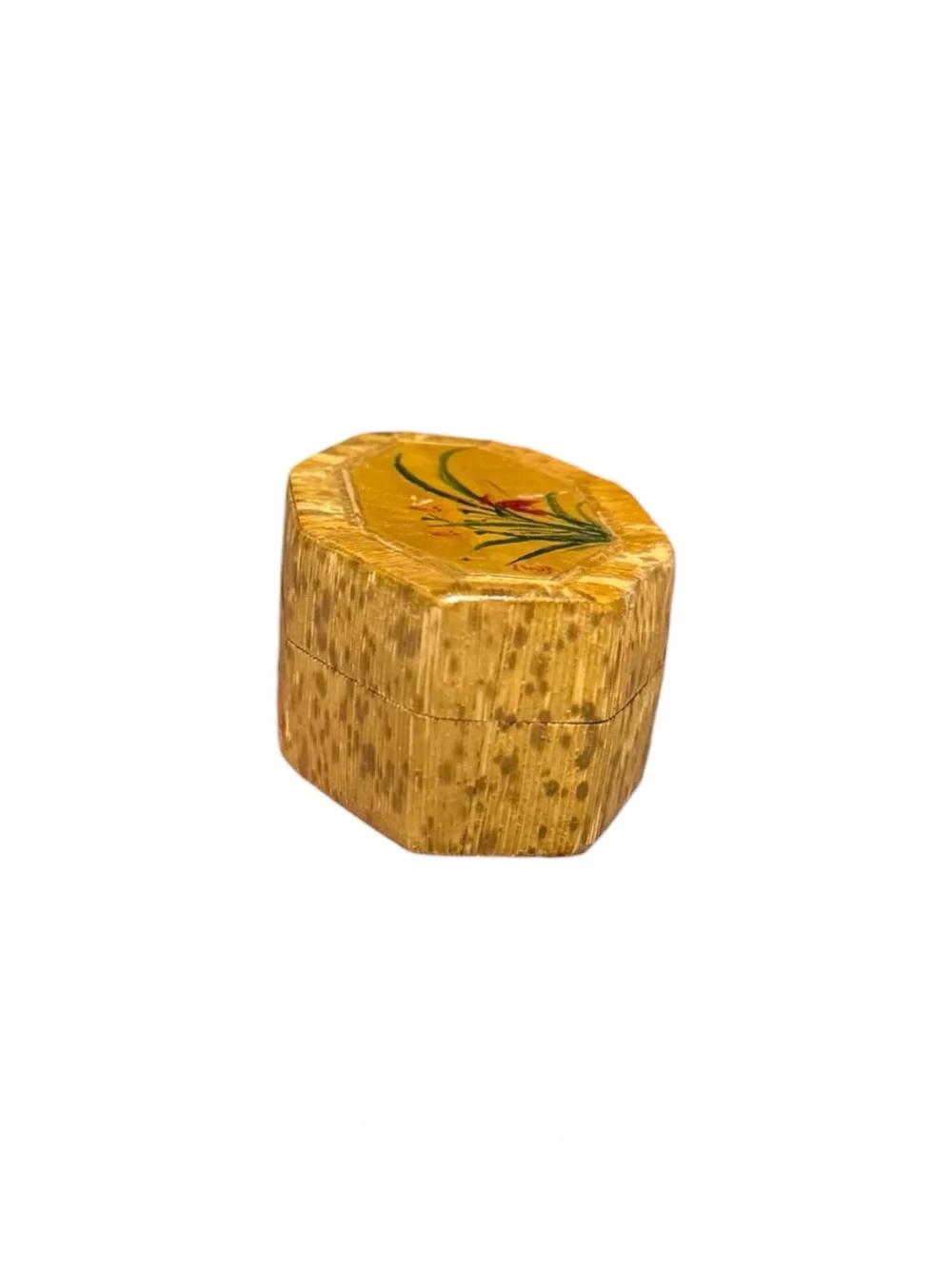 Vintage Bamboo Wood Trinket Box Octagon Floral Silk Lined