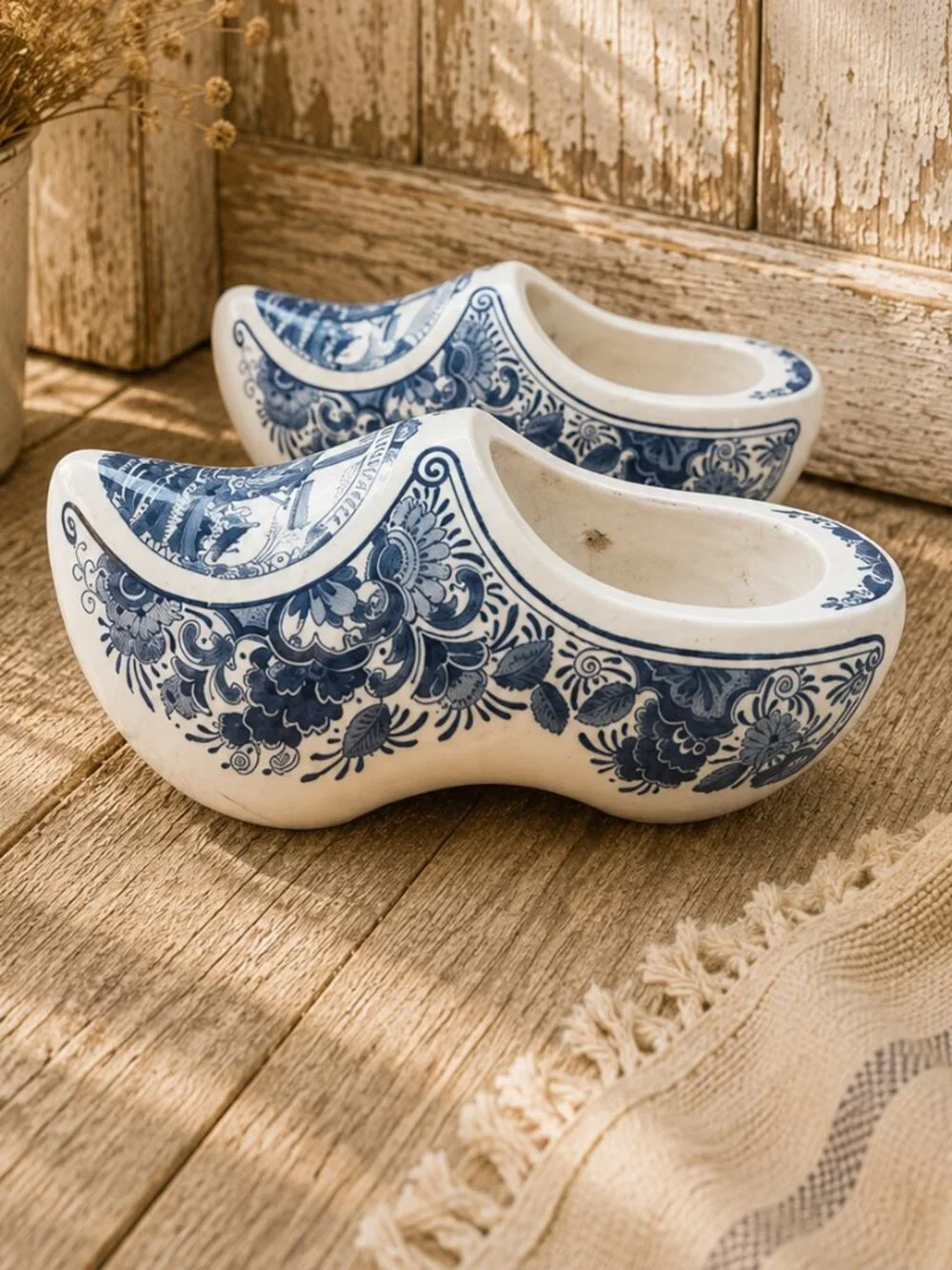 Vintage Delft Blue Windmill Pattern Dutch Wooden Shoes