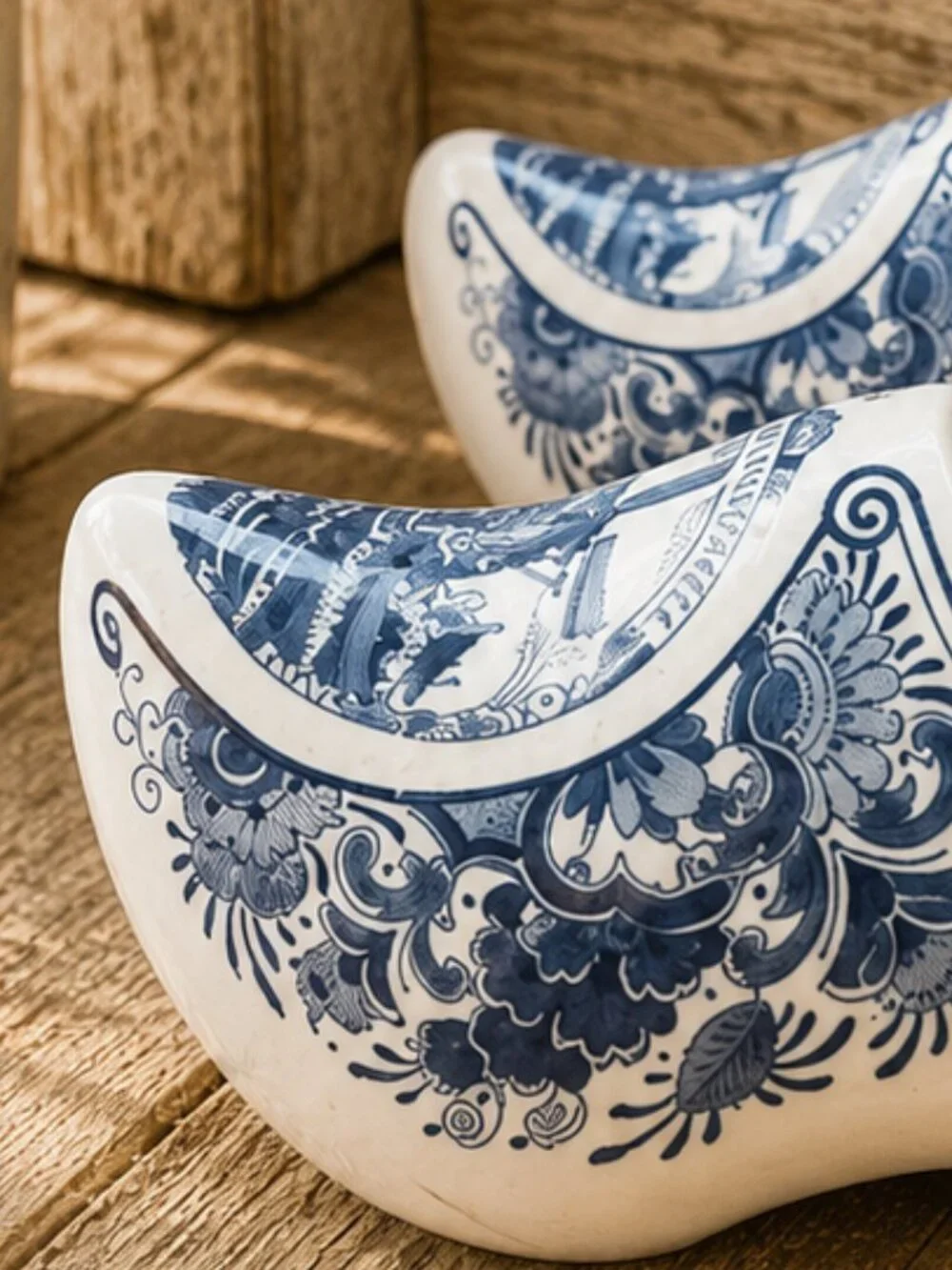 Vintage Delft Blue Windmill Pattern Dutch Wooden Shoes