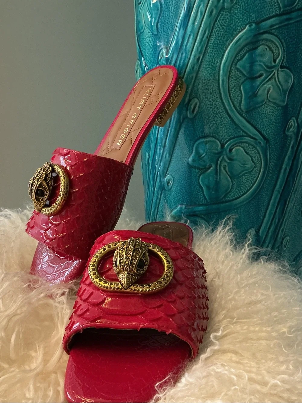 Kurt Geiger Hot Pink Embossed Slide Sandals with Ornate Gold Buckle
