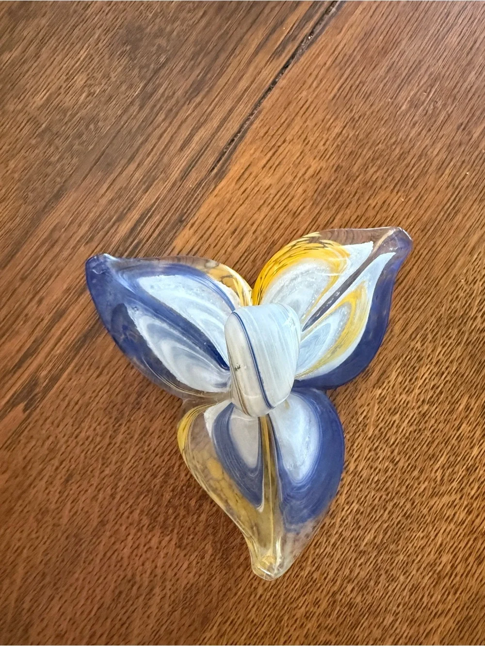 Handblown Art Glass Decorative flower in Blue, Yellow & White