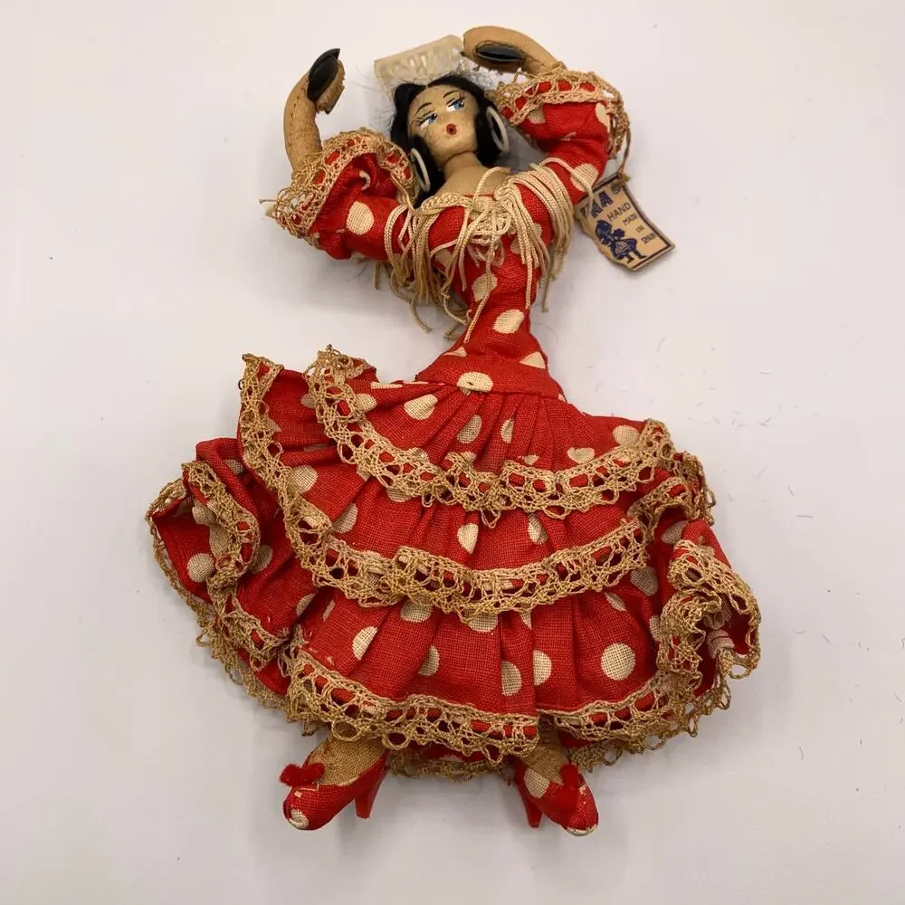 Vintage Layna Spanish Flamenco Dancer Cloth Doll Red Polka Dot Dress Spain
