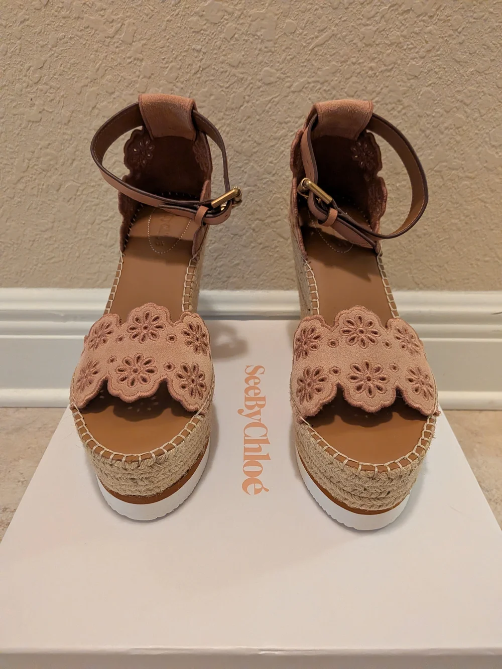 See By Chloe Pink Floral Espadrille Wedge Sandals