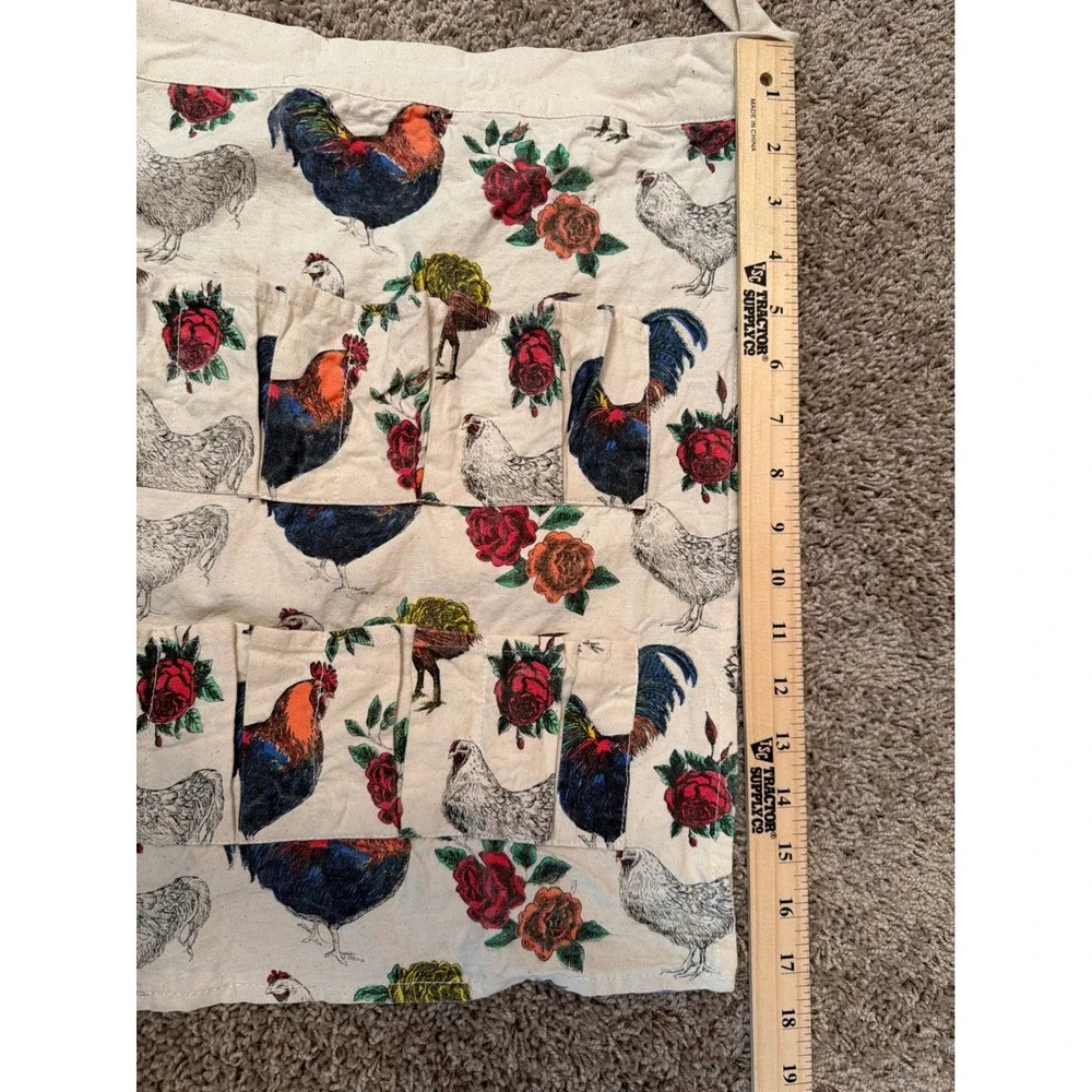 Canvas Egg Gathering Apron Rooster Chicken Rose Print Farmhouse Waist Apron