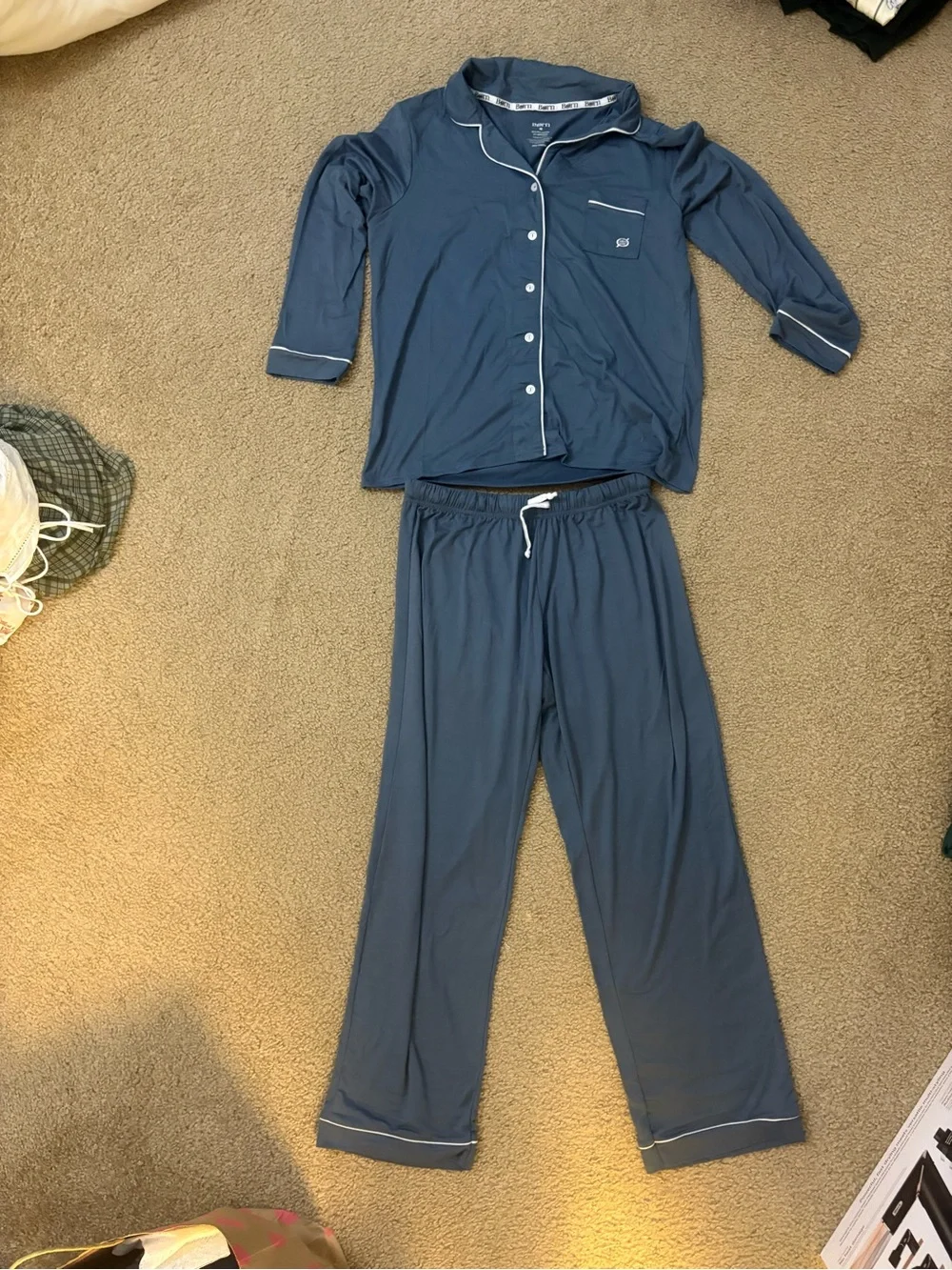 Born Navy Blue Long Sleeve Button Pajama Set with Contrast Piping