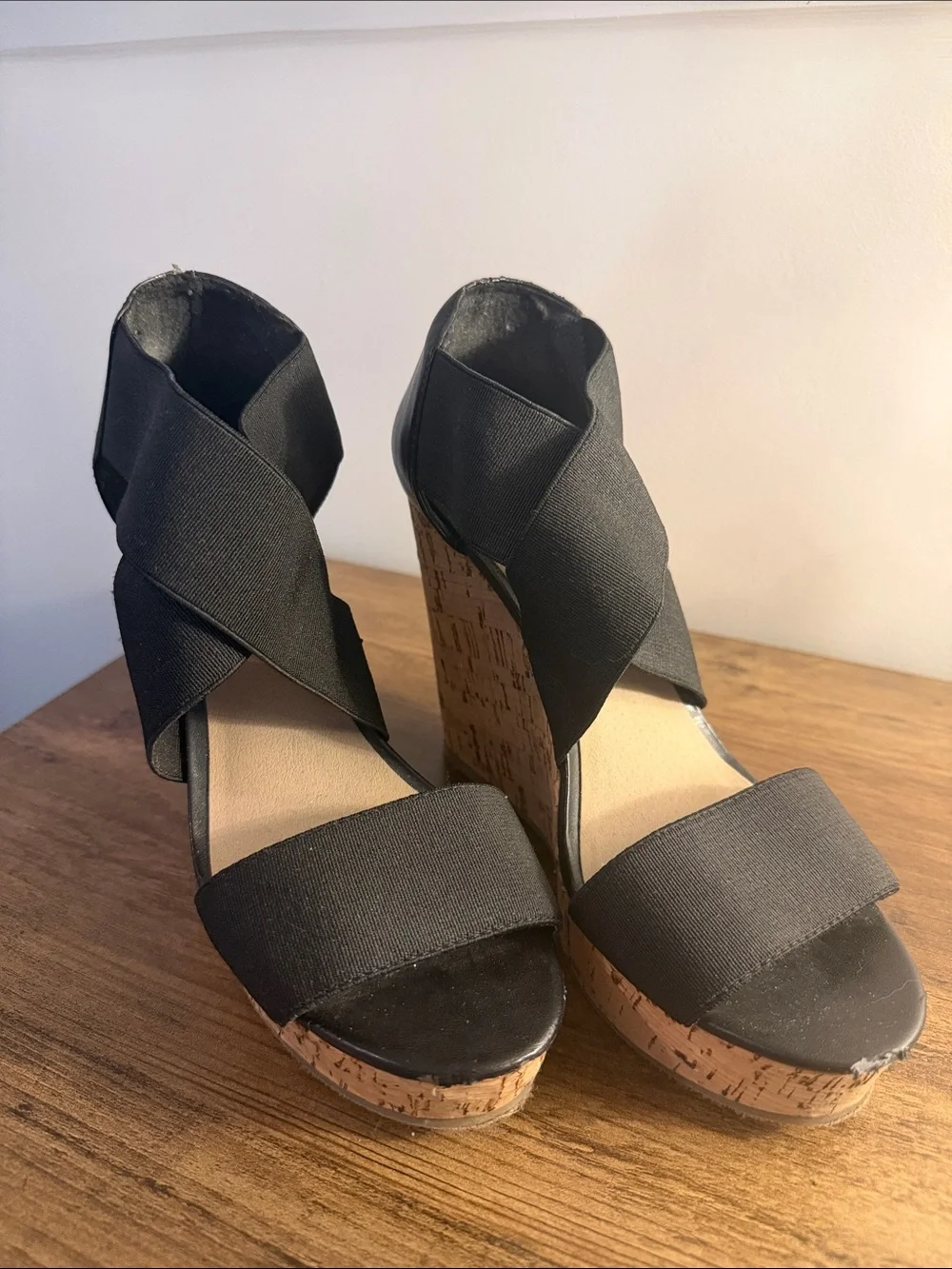 Steve Madden Black Cork Wedge Sandals with Crisscross Straps - Women