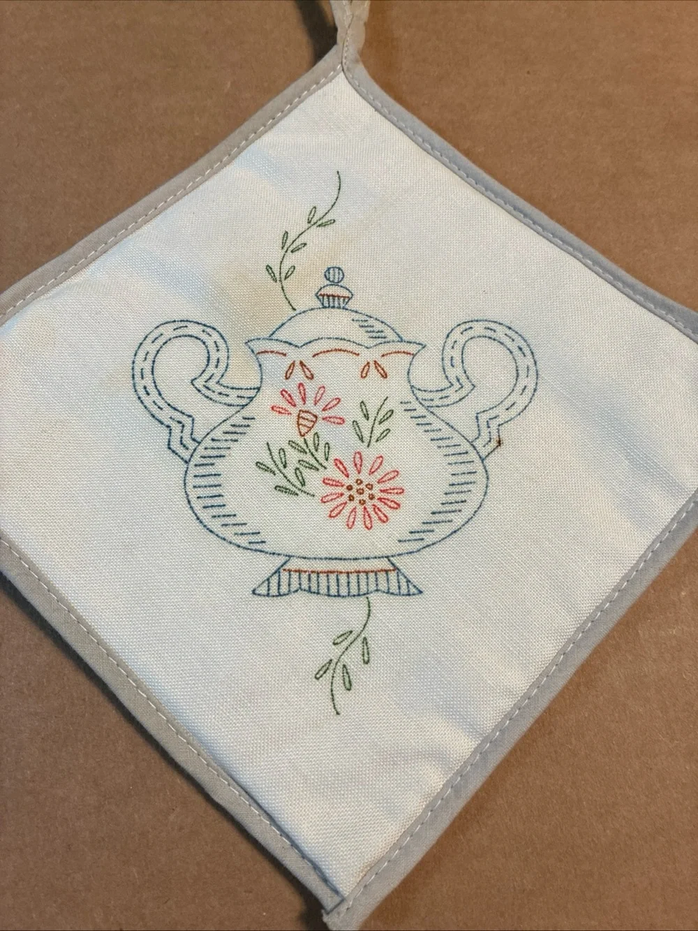 Embroidered Look Teapot Pot Holders White with Multicolor Floral Design
