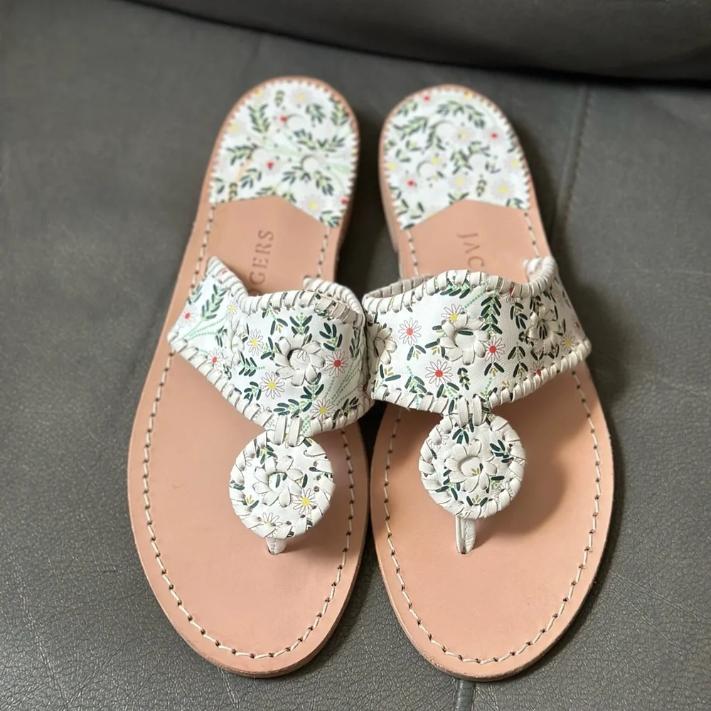 Jack Rogers White Floral Leather Thong Sandal