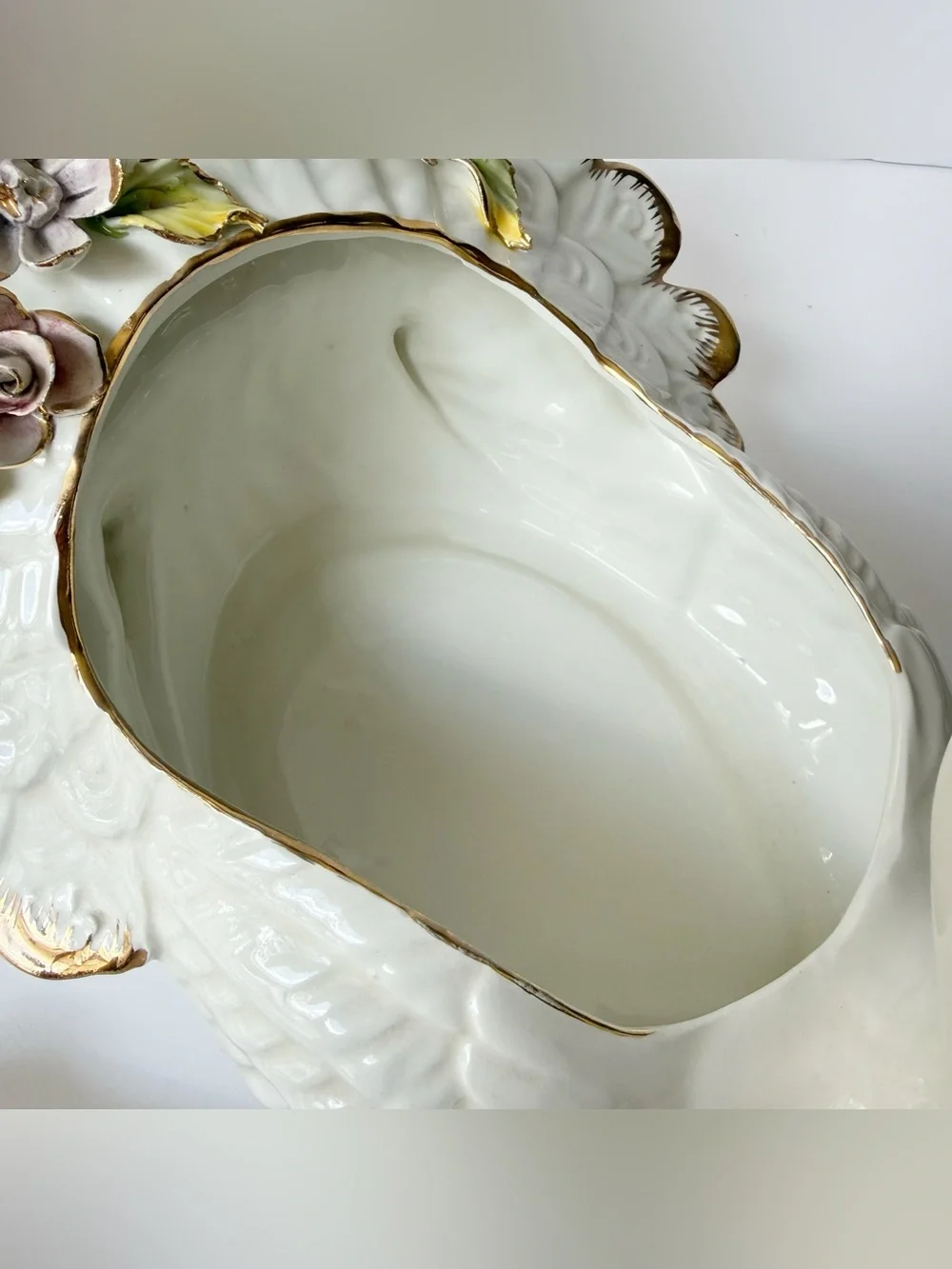 Vintage Capodimonte Peacock Bird Swan Floral Gilt Large Porcelain Planter Vase