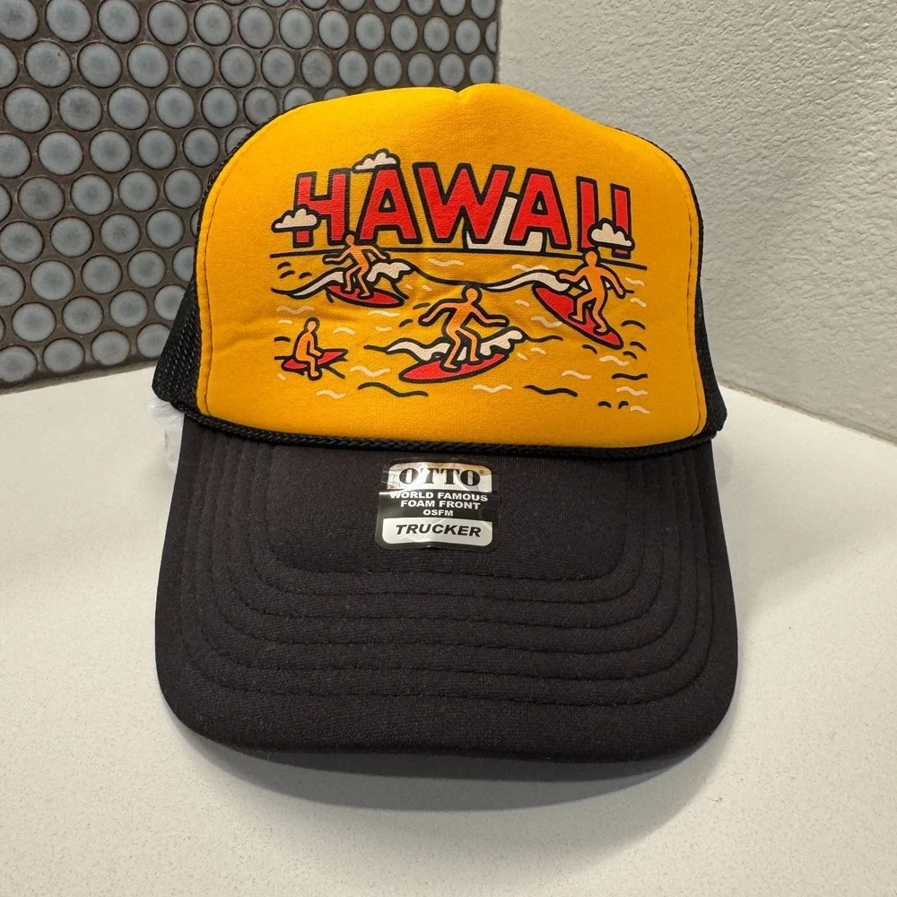 Hawaii Hat Cap Trucker Mesh Snap Back Graphic Surfing Surf Black Yellow Otto‎