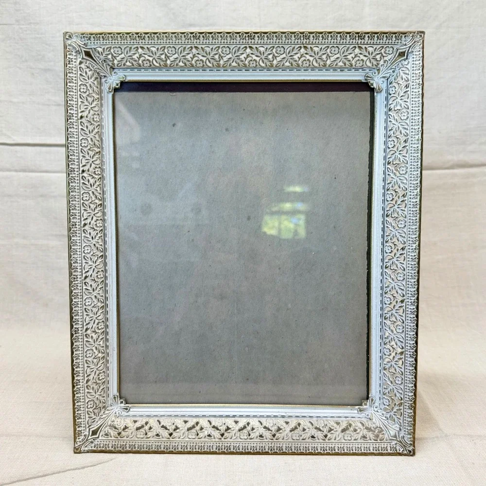 Vintage Ornate Filigree Metal Picture Frame White Gold Tone Floral 8x10 Easel