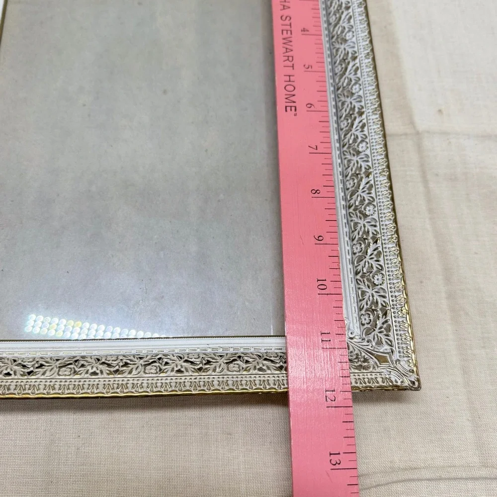 Vintage Ornate Filigree Metal Picture Frame White Gold Tone Floral 8x10 Easel