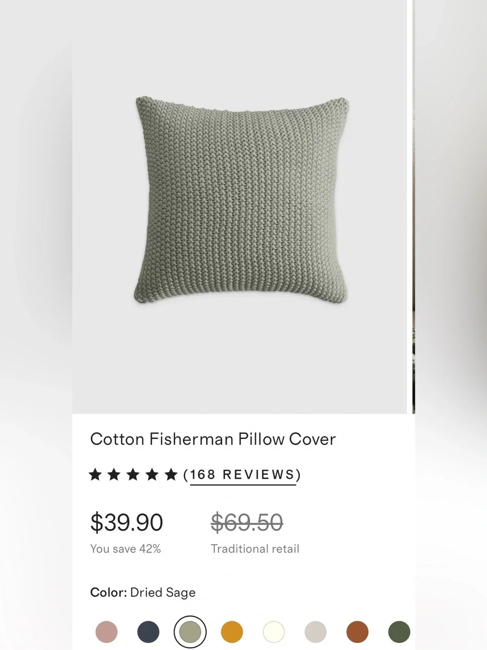 NWOT Quince Cotton Fisherman Pillow Cover, 20 X 20 (Dried Sage)