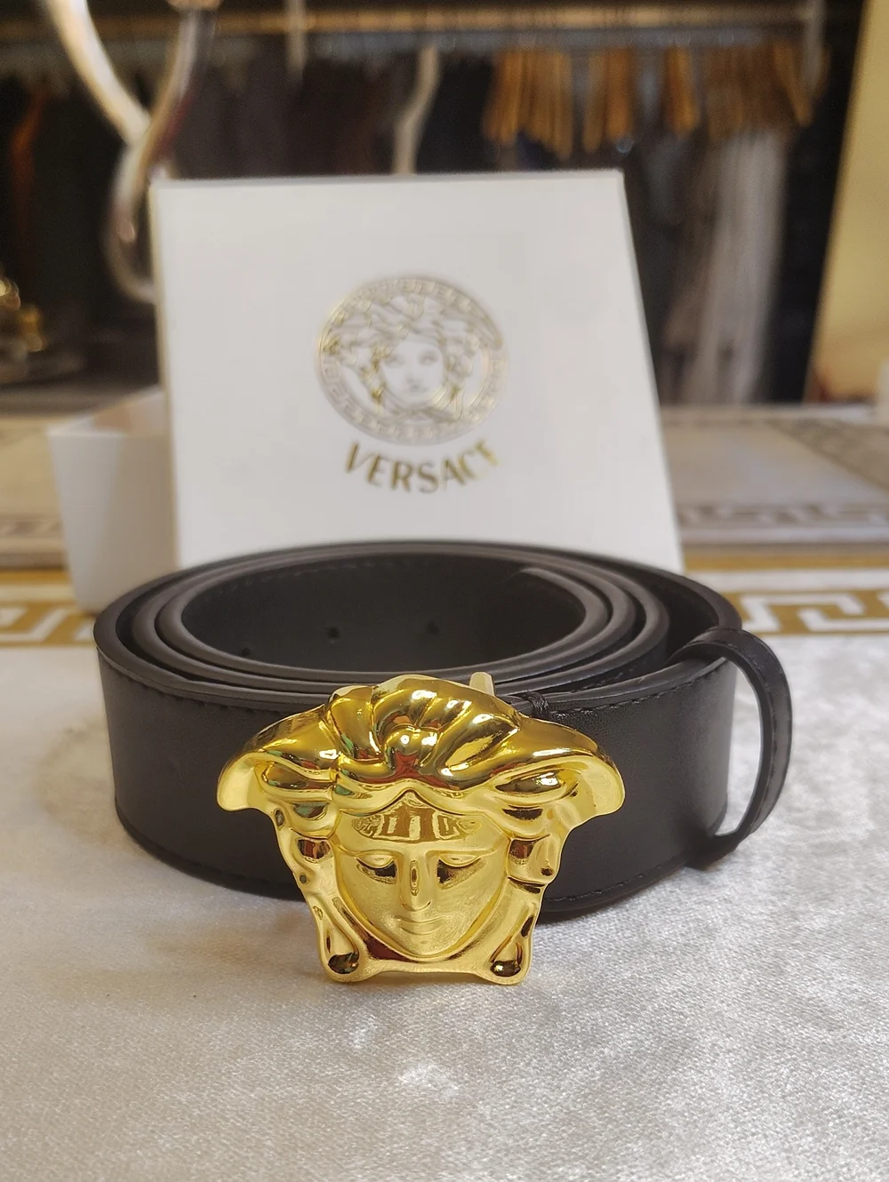 Versace Black Leather Belt with Gold Medusa Buckle