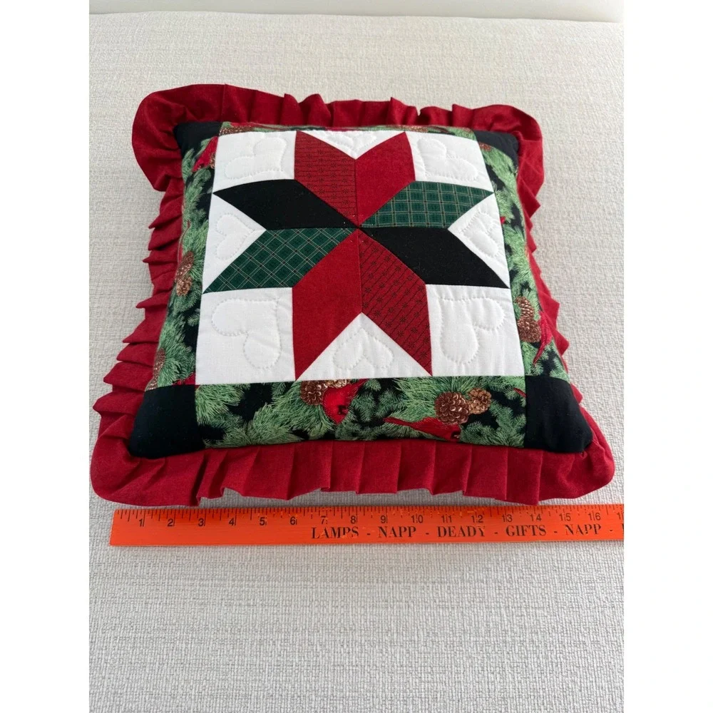 Handmade Quilted 8 Point Star Christmas Square Throw Pillow Cardinal Holiday