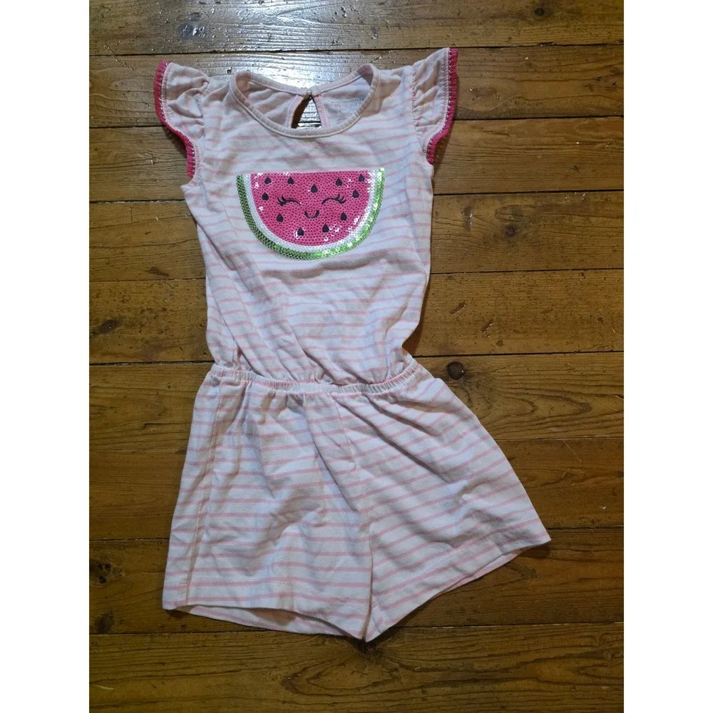 The Childrens Place Girls Pink White Striped Flutter Sleeve Romper 3T