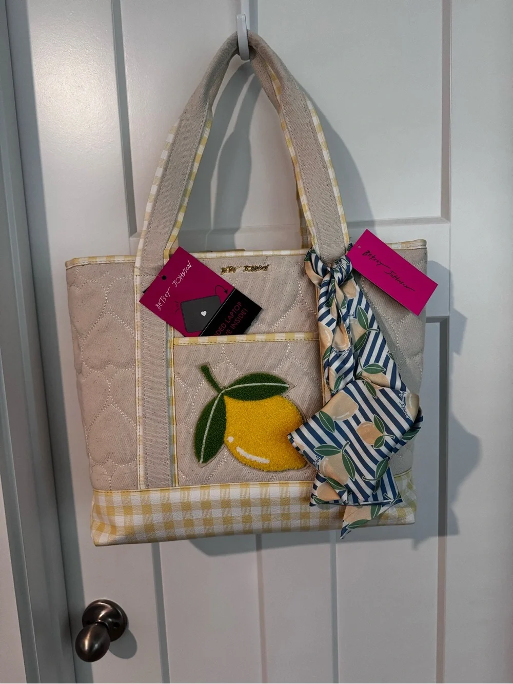 Betsey Johnson Cream Tote with Yellow Lemon Appliqué and Blue-Striped Scarf