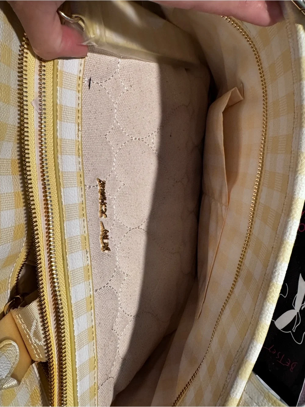 Betsey Johnson Cream Tote with Yellow Lemon Appliqué and Blue-Striped Scarf