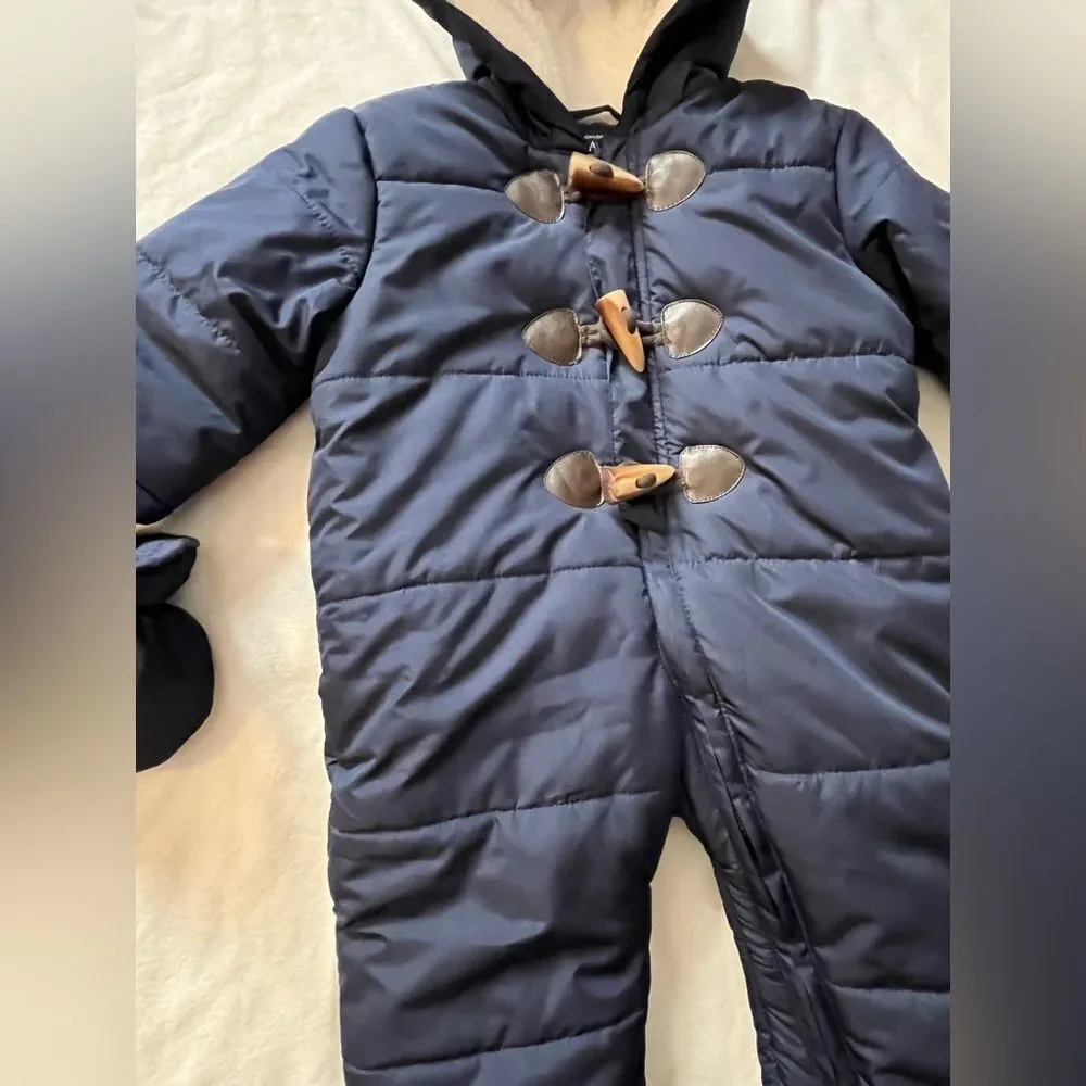 Children’s Place Navy Blue Infant Baby One Piece Snowsuit & Mittens 6-9 Months