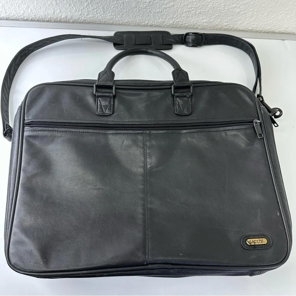 SATCHI genuine black leather messenger bag unisex academia