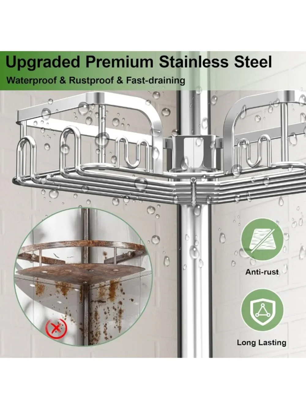 Adjustable 4-Tier Corner Shower Caddy Tension Pole - Stainless Steel Organizer