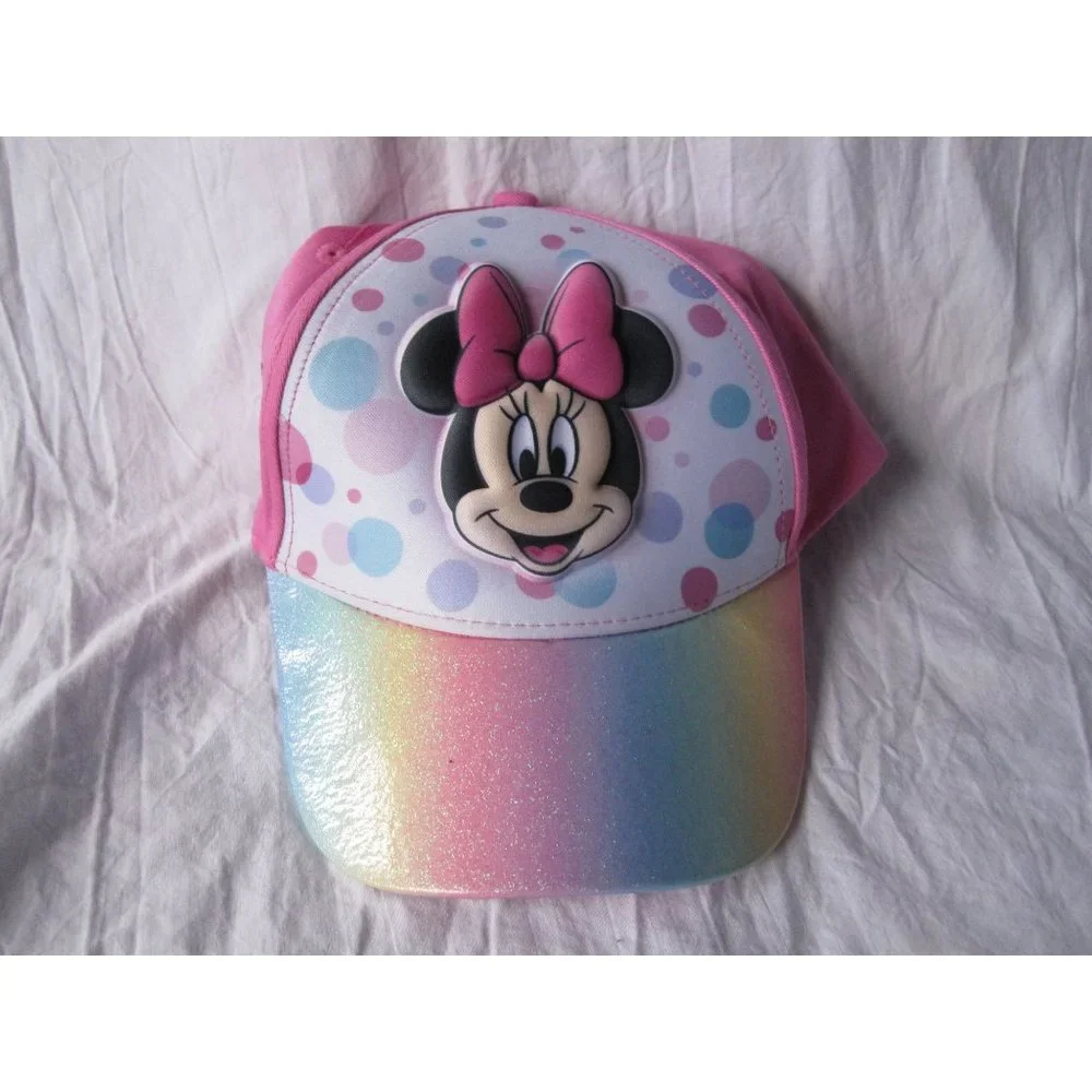 Cute Girls Disney Minnie Mouse Pink Hat Cap with Glitter Rainbow Brim OSFA‎