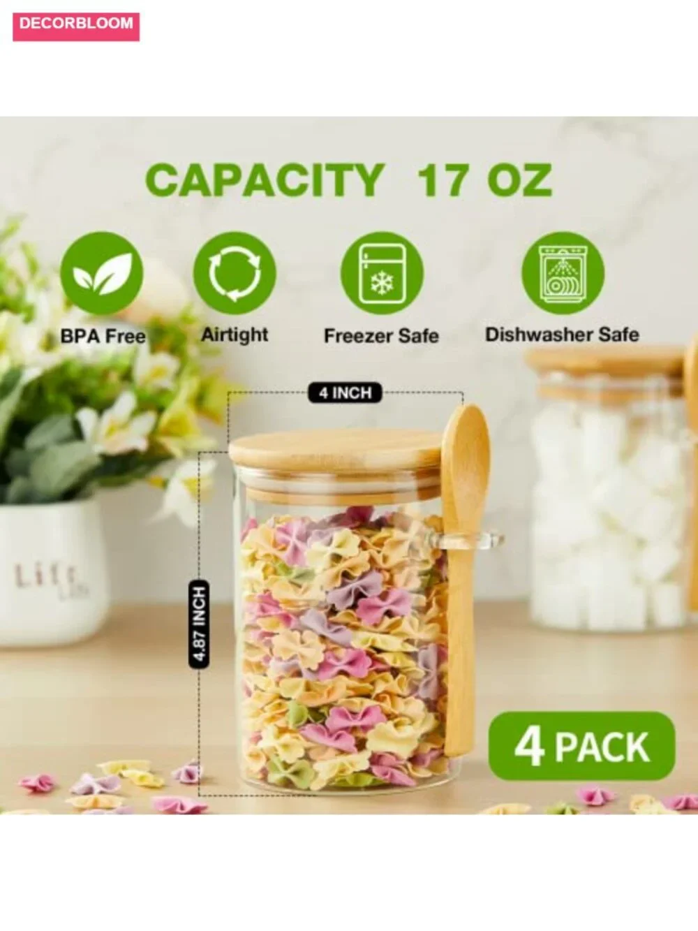 Set of 4 Airtight Glass Jars with Bamboo Lids & Spoons, Food Storage Canisters