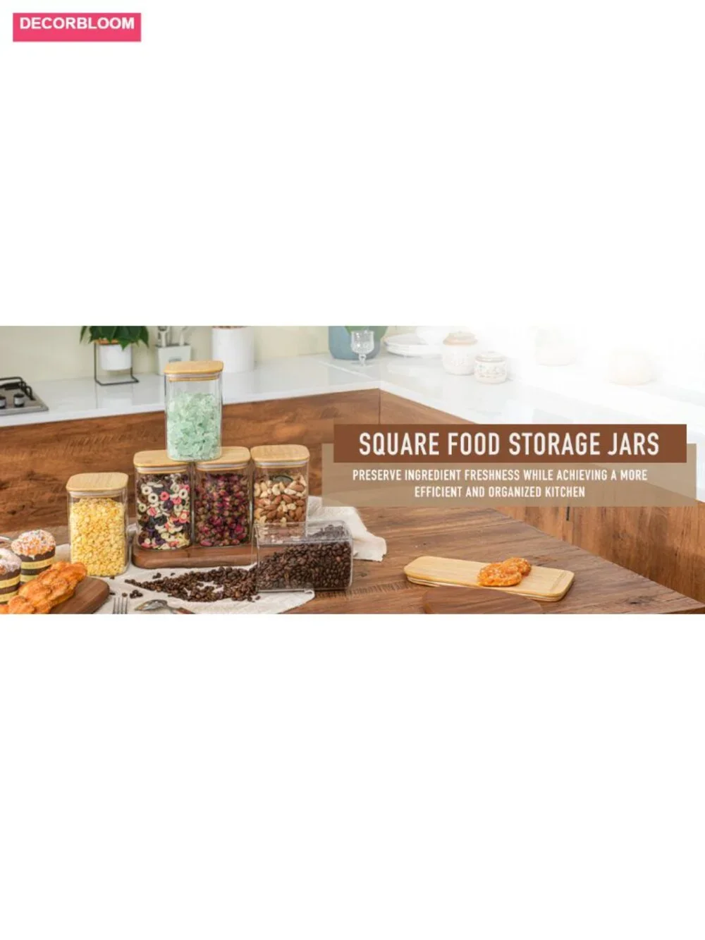 37oz Airtight Glass Square Storage Canisters with Bamboo Lids Set of 6
