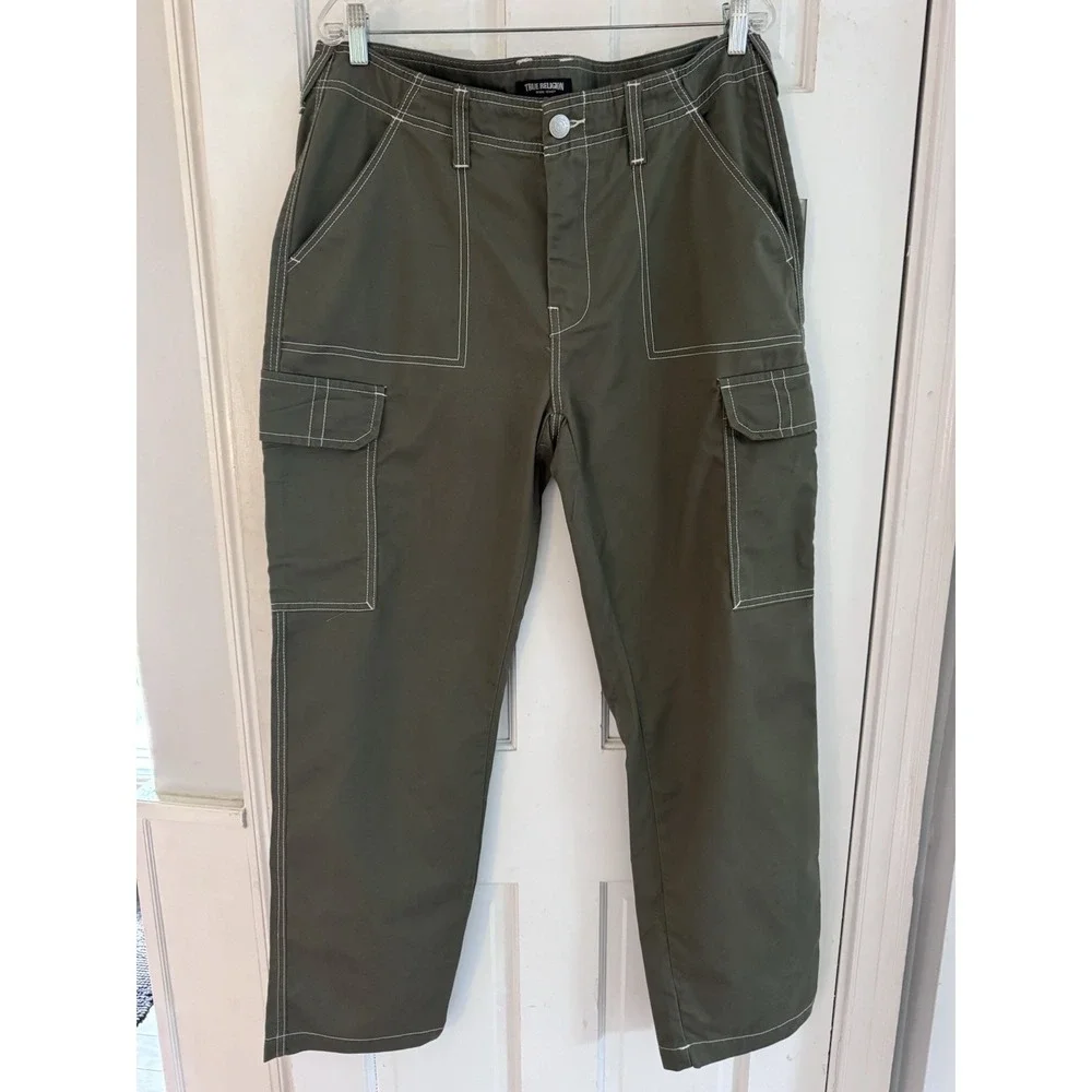 True Religion Women's Military Cargo Trousers Olive‎ Khaki Utility Y2K 34