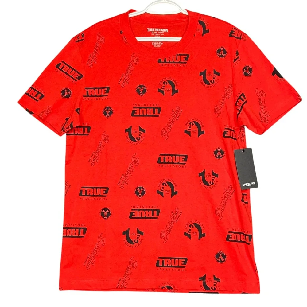 True Religion Multi Logo AOP T-Shirt Men's Large Lava Red Buddha Graphic Tee NWT