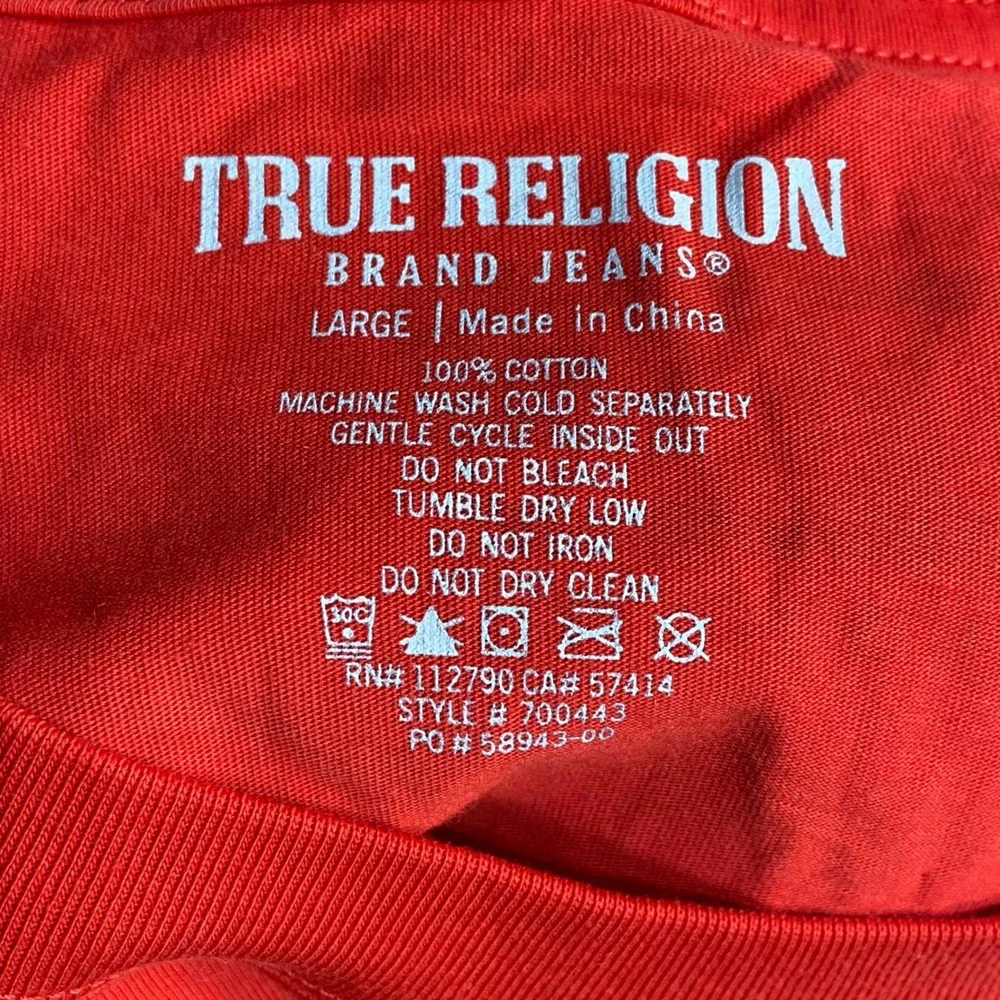 True Religion Multi Logo AOP T-Shirt Men's Large Lava Red Buddha Graphic Tee NWT