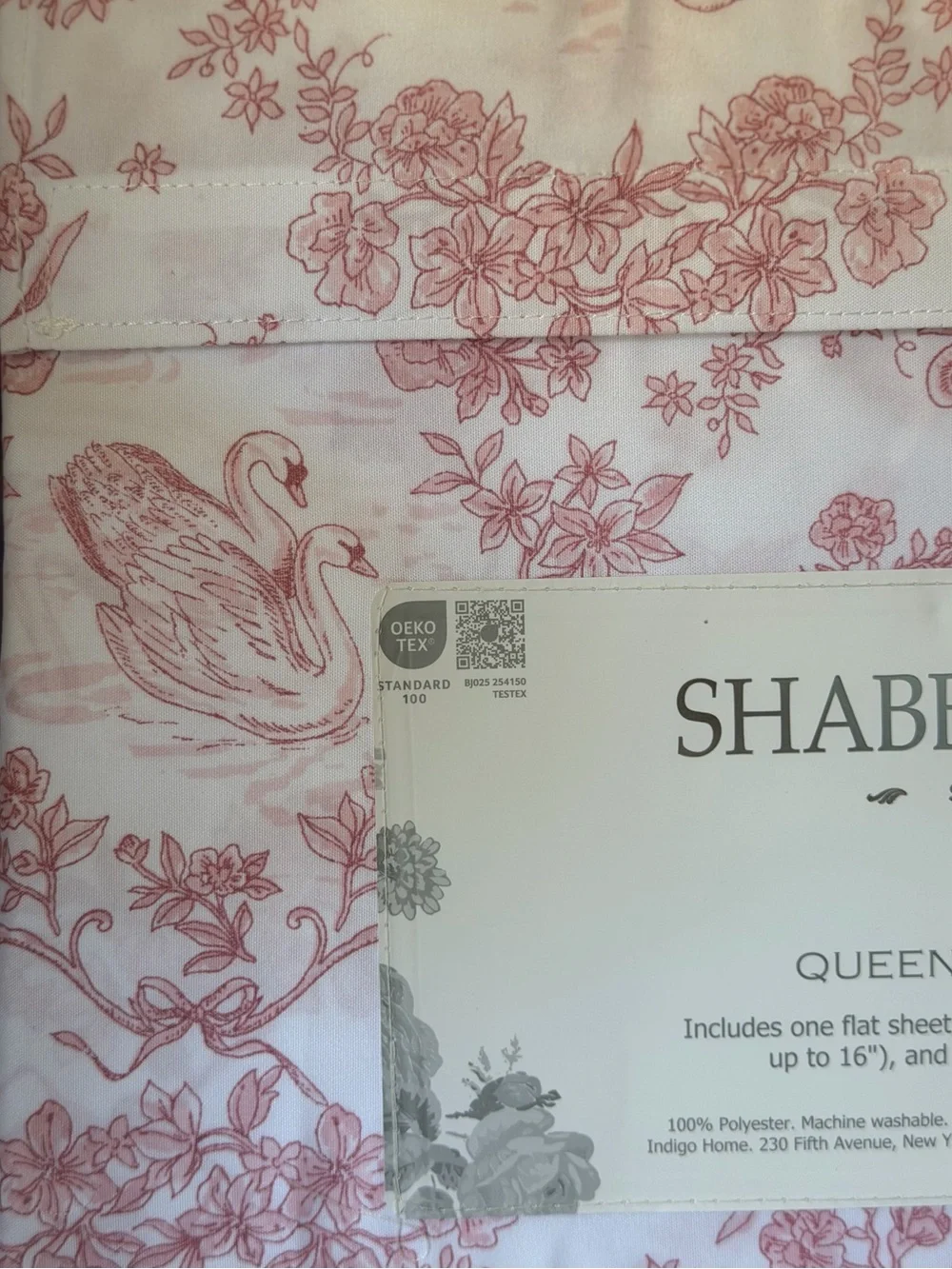 Shabby Chic Queen Sheet Set Pink White Swan Toile Floral 4 Piece Microfiber NEW