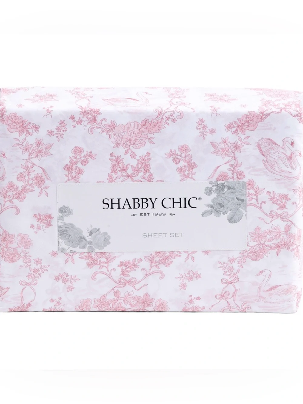 Shabby Chic king Sheet Set Pink White Swan Toile Floral 4 Piece Microfiber NEW
