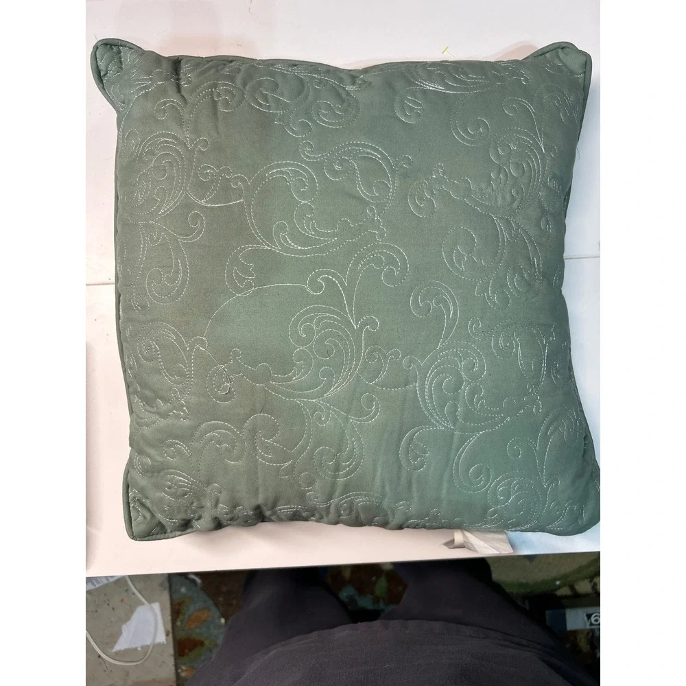 Vintage Square Decorative Throw Pillow Damask Pattern Green White Accent‎ Pillow