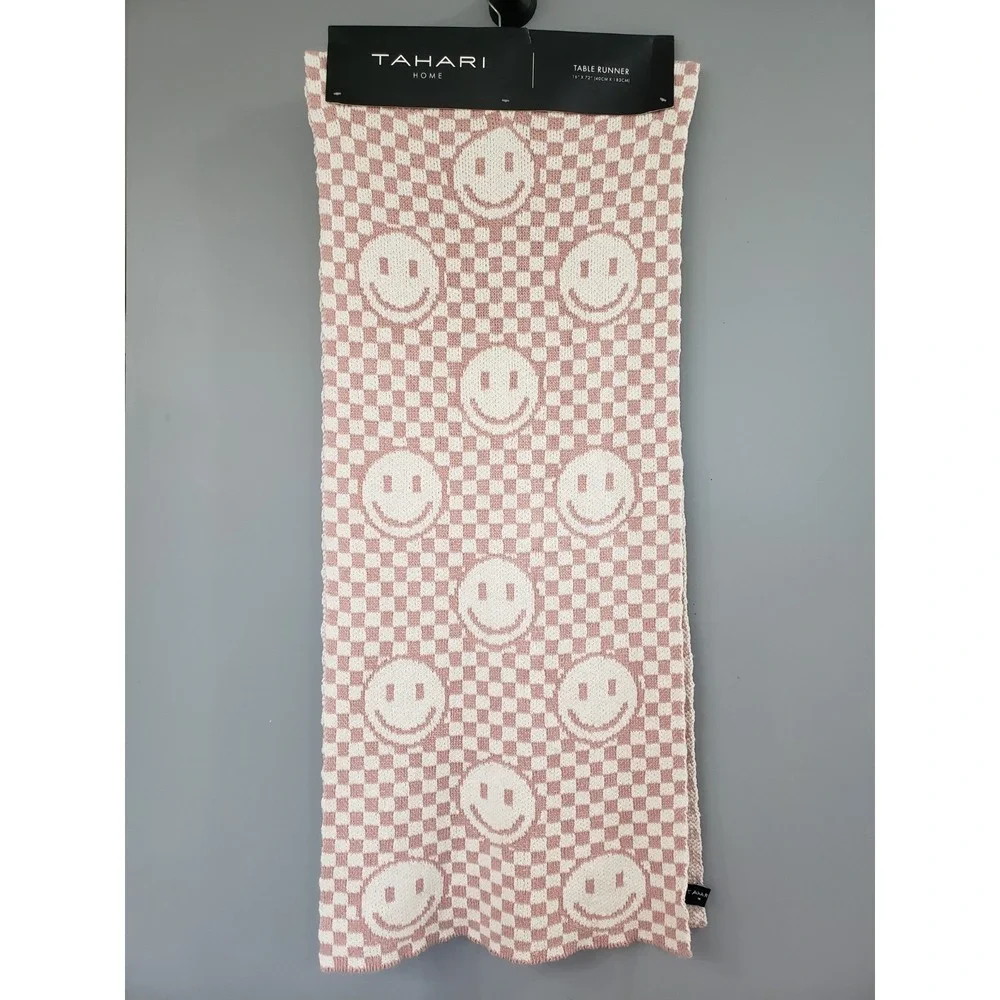 NEW‎ 16x72 HAPPY FACE table runner cover decor maximalist mod 70s checkered pink