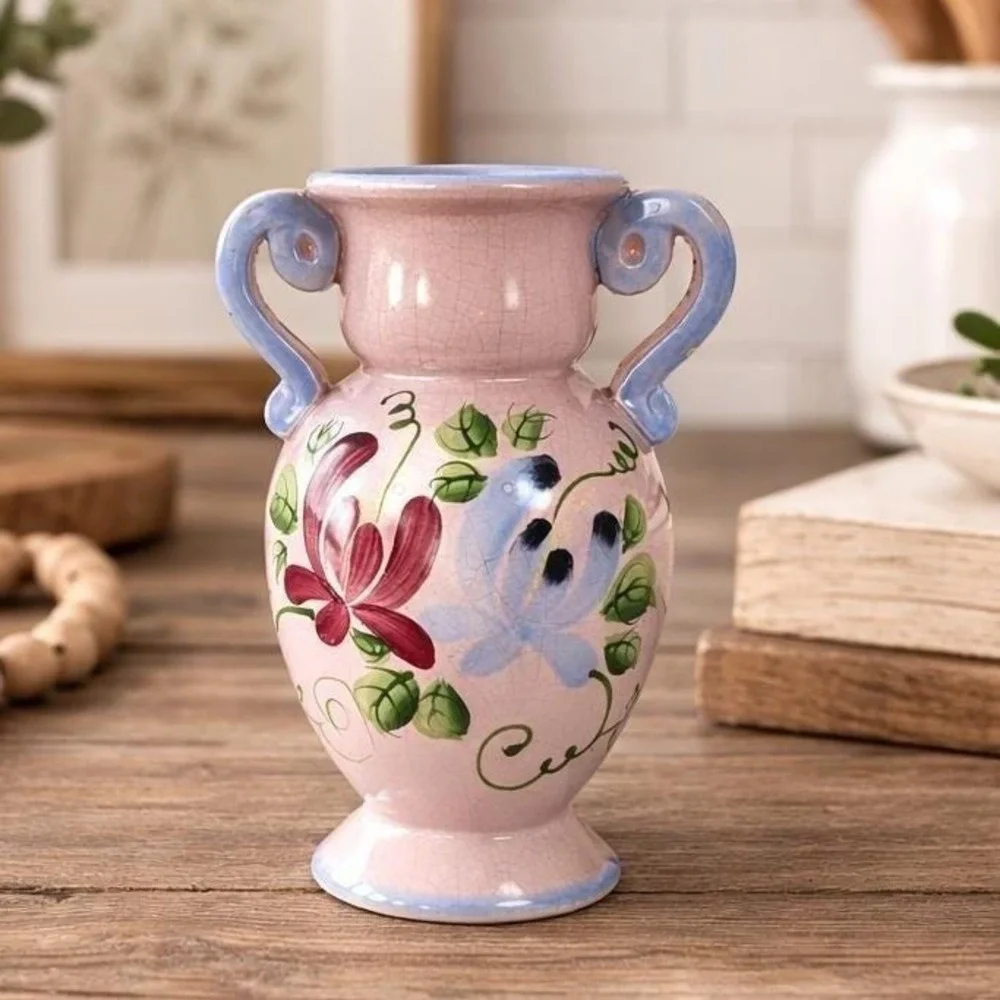 Vintage Pink Crackle Glaze Vase Blue Handles Floral Ceramic