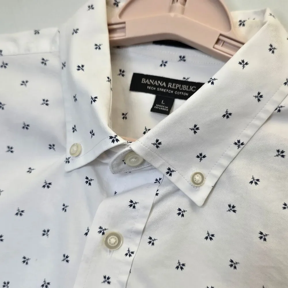 Banana Republic Mens L Tech Stretch Cotton White Blue Floral Pattern Shirt