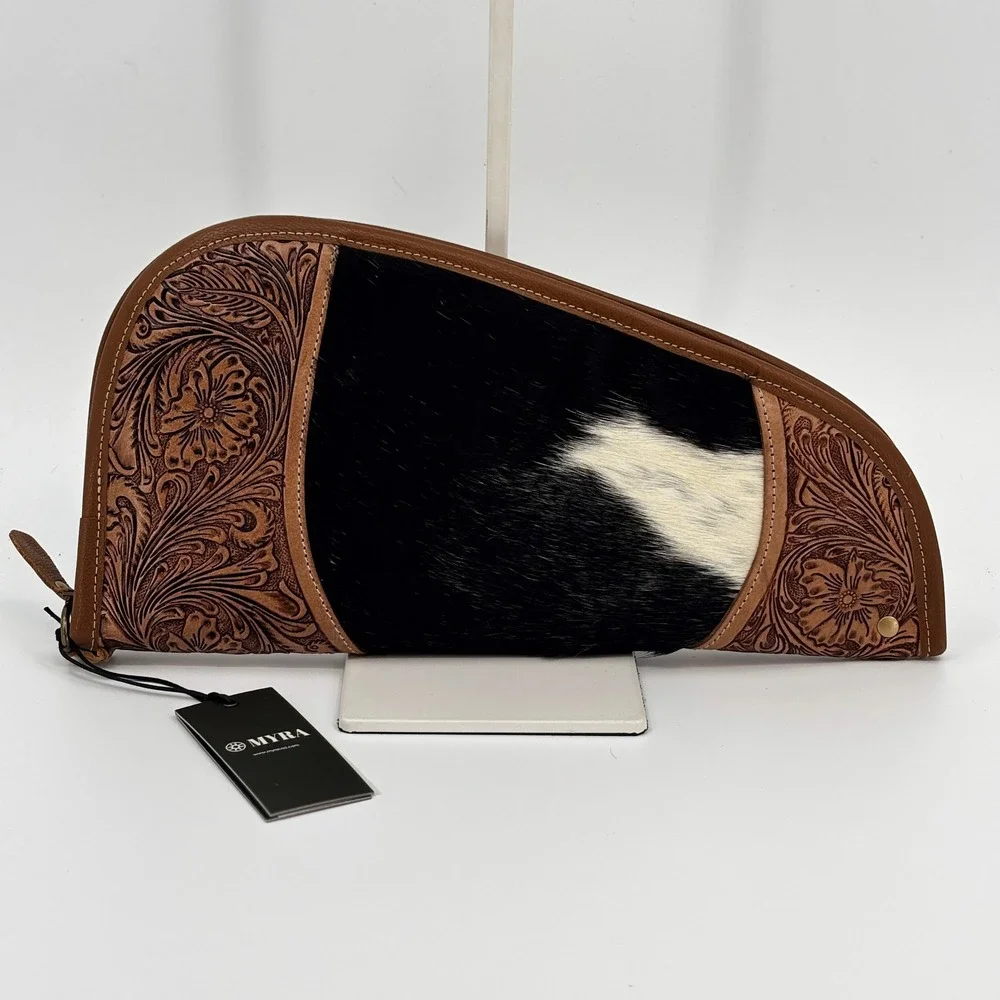 Myra Sonoran Range Long Pistol Pouch Case Brown Cow Tooled Leather Hair-on Hide