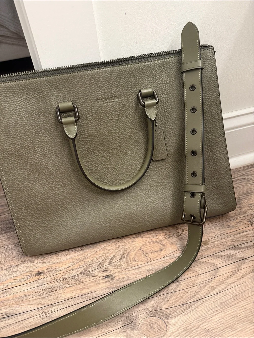 Coach Gotham Folio Olive Green Pebbled Leather Satchel with Removable Strap