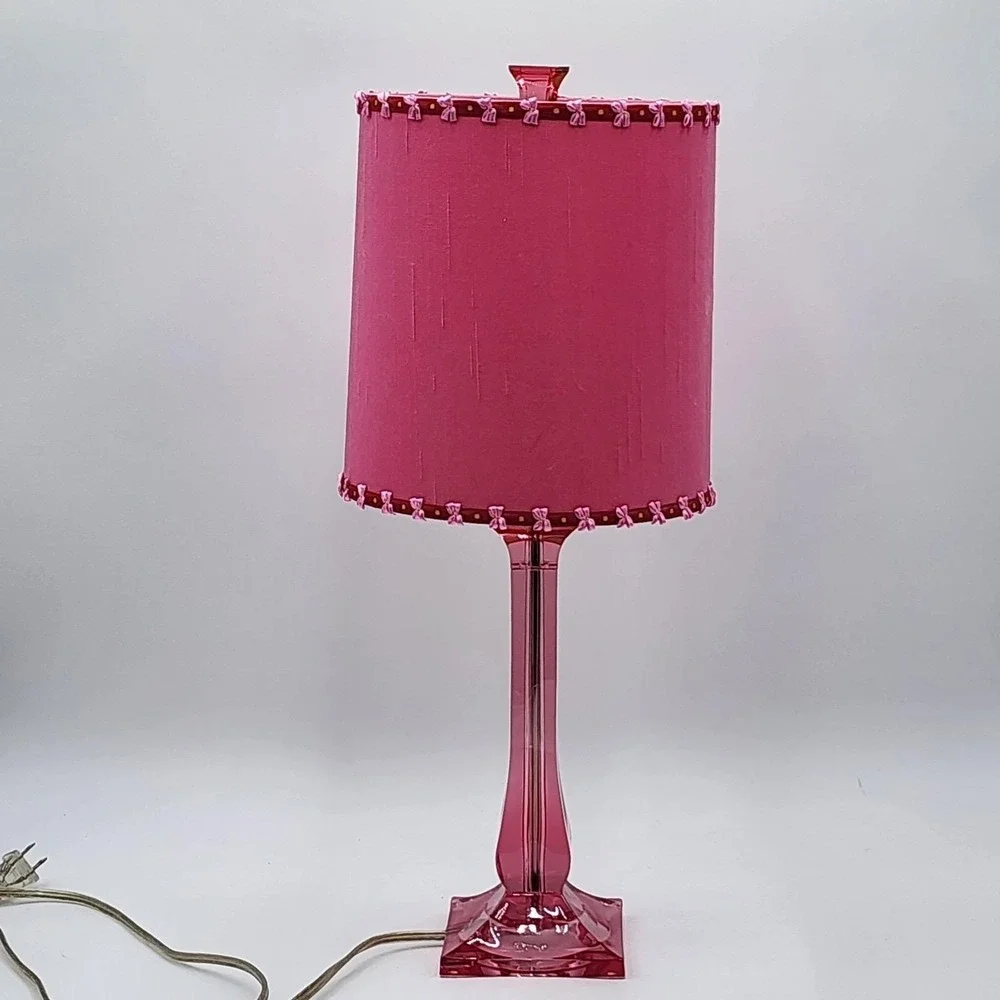Vintage J Alexander Jewel Pink Clear Acrylic Table Lamp Bow Gold Bead Shade Rare