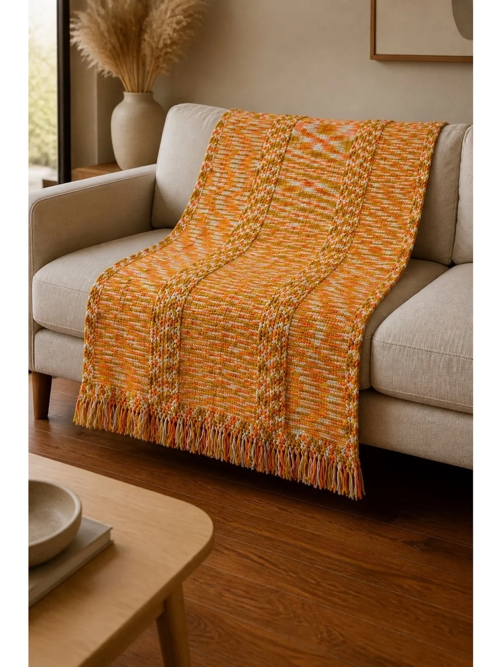 Handmade Crocheted Afghan Throw Blanket 45x65 Orange Mustard White Fringe Boho