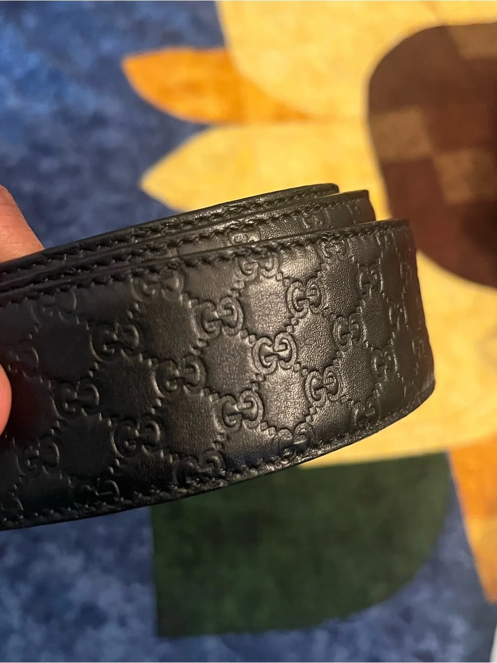 Gucci Black Embossed GG Leather Belt with Gold Buckle