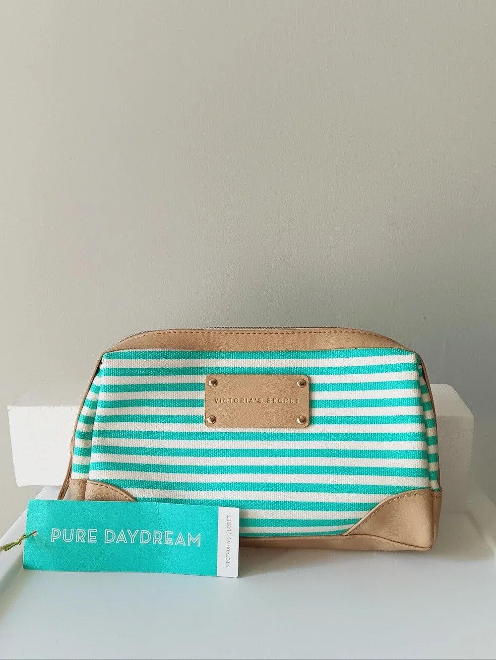Victoria's Secret Pure Daydream Cosmetics Bag Striped Faux Leather Aqua White