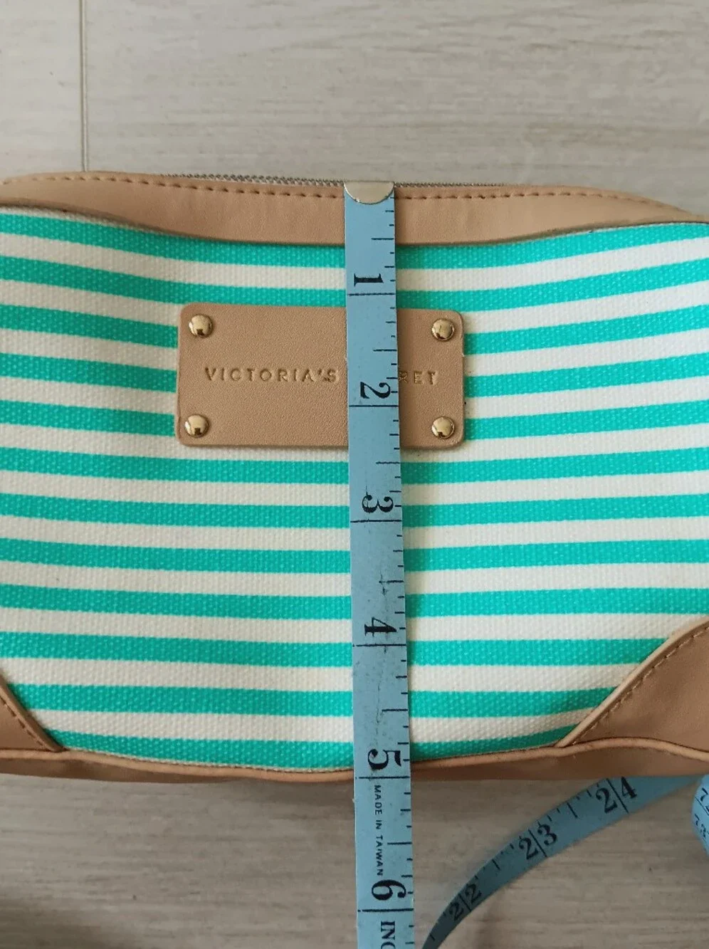 Victoria's Secret Pure Daydream Cosmetics Bag Striped Faux Leather Aqua White