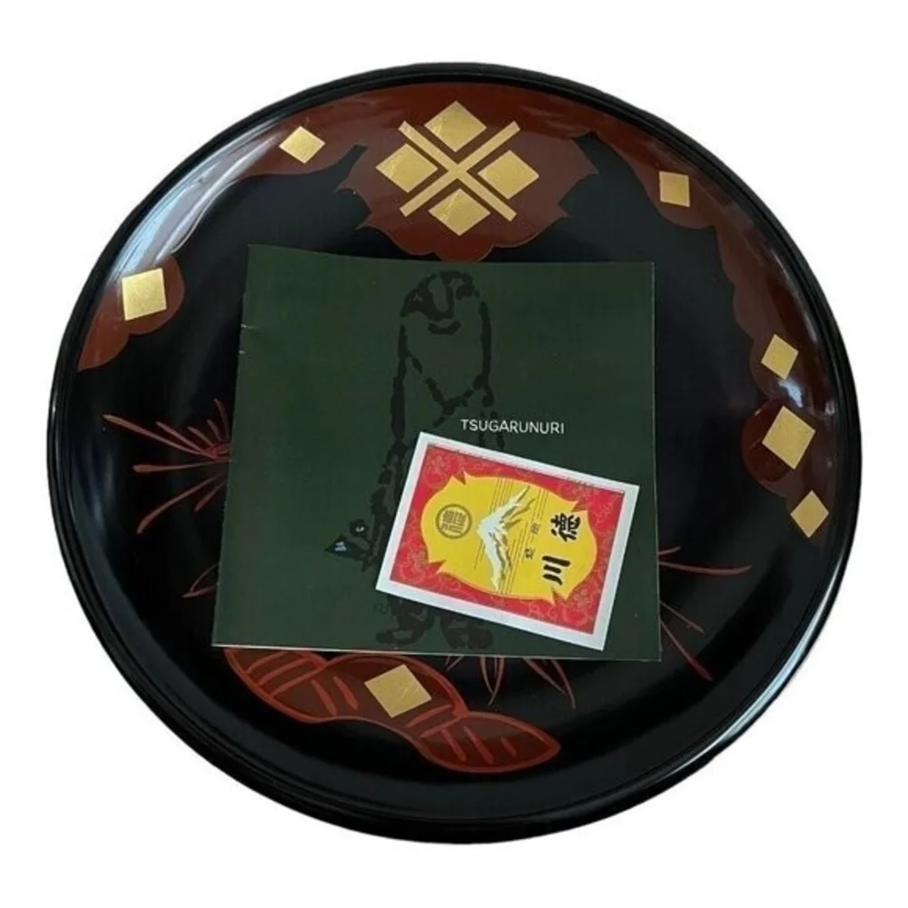 Tsugaru-nuri Lacquer Plate Hand Painted Japanese Art Black Red Gold VNTG Japan