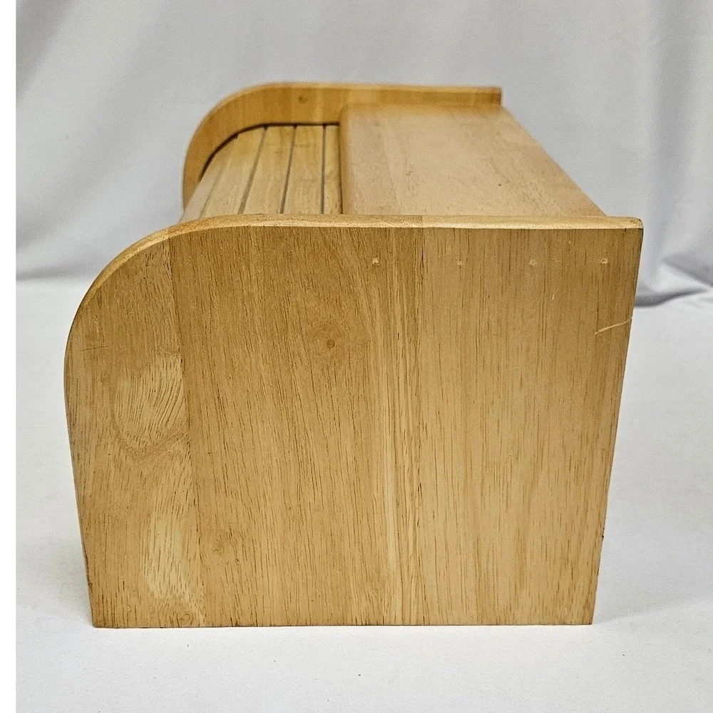 Vintage Wooden Roll Top Bread Box Natural Wood Kitchen Countertop Storage Bin