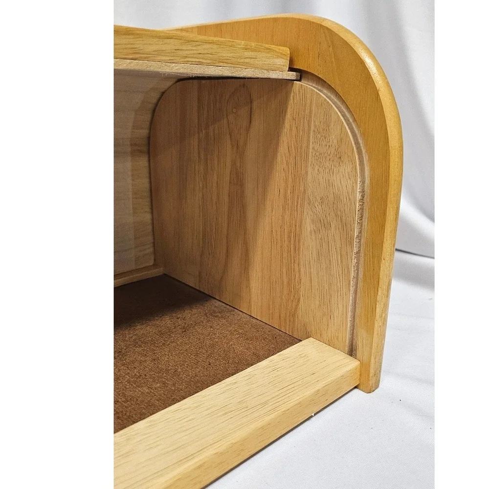 Vintage Wooden Roll Top Bread Box Natural Wood Kitchen Countertop Storage Bin