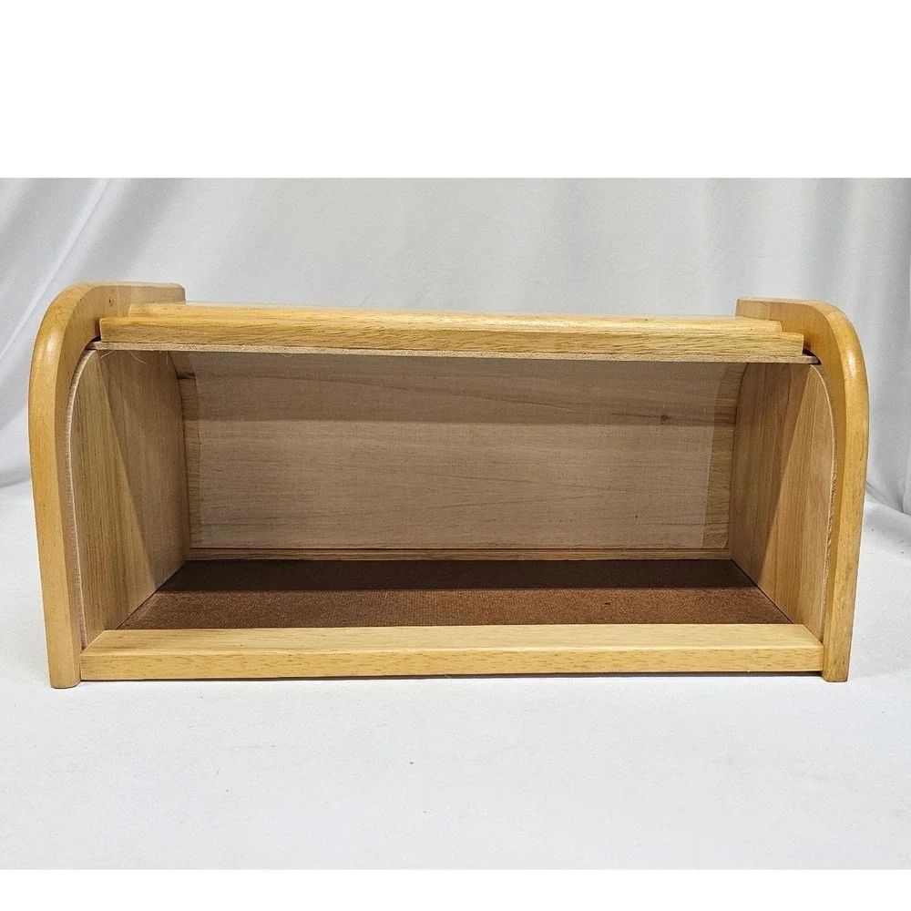 Vintage Wooden Roll Top Bread Box Natural Wood Kitchen Countertop Storage Bin