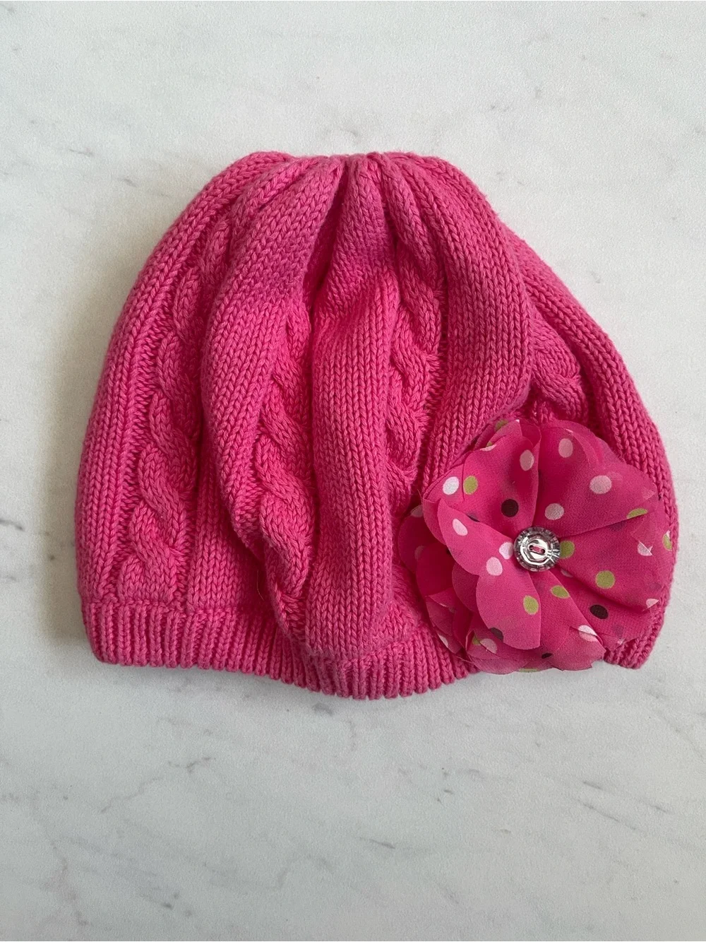 Gymboree Bright Pink Knit Beanie with Polka Dot Flower